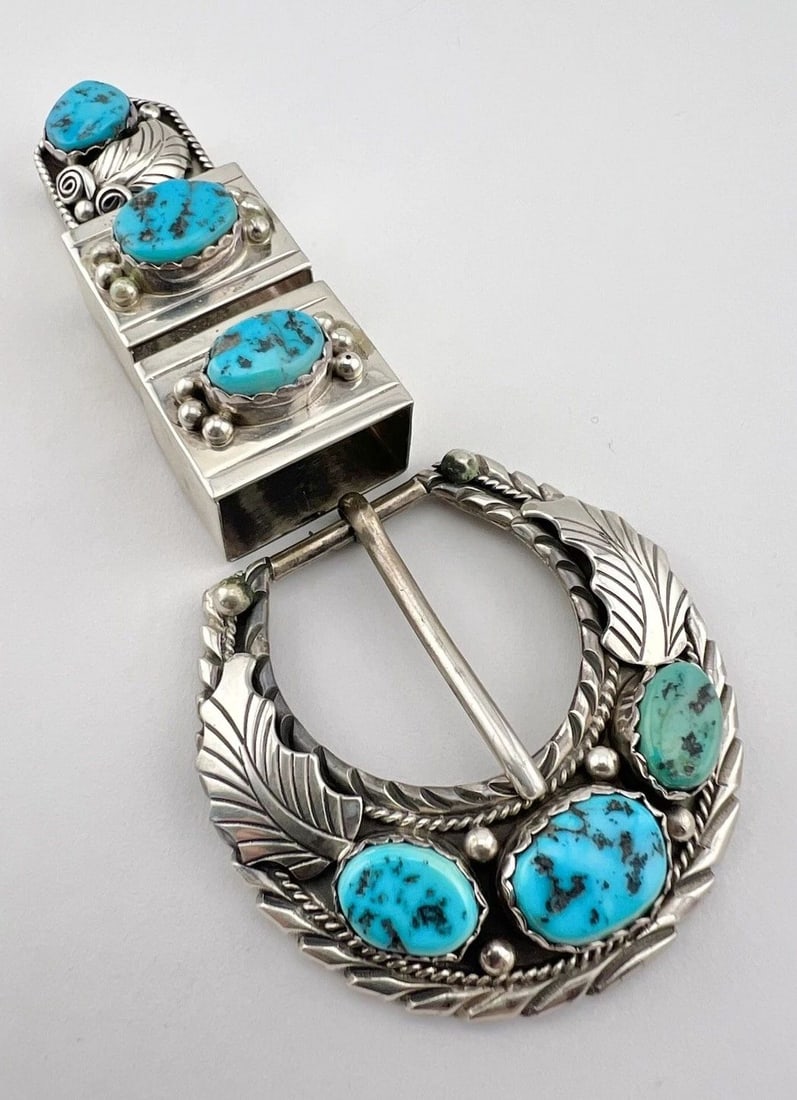 NAVAJO STERLING SILVER SLEEPING BEAUTY TURQUOISE STAMPED RANGER 4PC BELT BUCKLE (1 of 2)