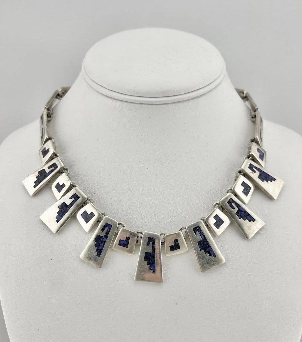 MODERNIST MEXICAN TAXCO STERLING SILVER CHIP LAPIS LAZULI NECKLACE 16"-104.8G (1 of 2)