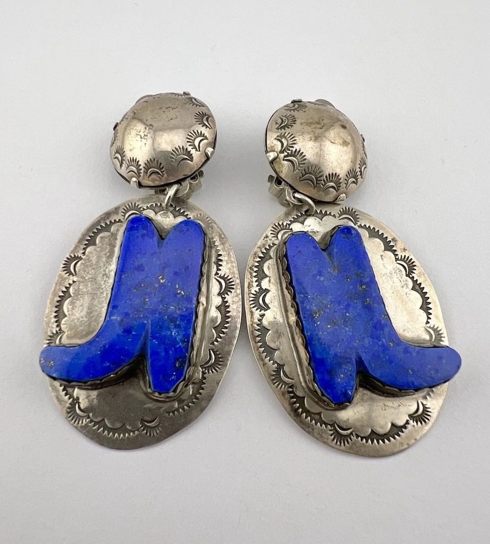 JOAN SLIFKA STERLING SILVER NATURAL LAPIS LAZULI COWBOY BOOTS CLIP EARRINGS 2.5" (1 of 2)