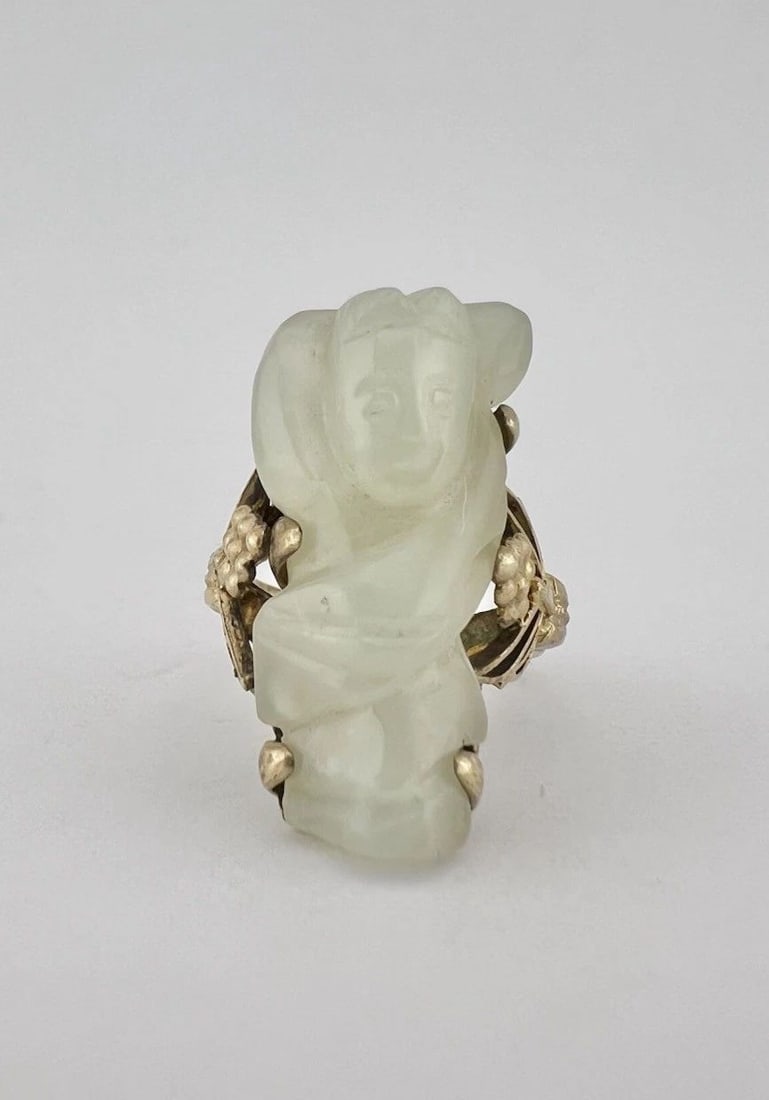 ANTIQUE CHINESE EXPORT GILT SILVER CARVED TRANSLUCENT WHITE JADE GODDESS RING (1 of 2)