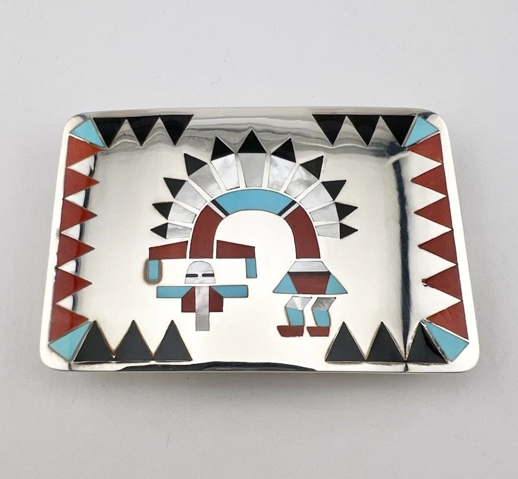 FRED & LOLITA NATACHU ZUNI STERLING SILVER FLUSH GEM RAINBOW MAN BELT BUCKLE 3": FRED & LOLITA NATACHU ZUNI STERLING SILVER FLUSH GEM RAINBOW MAN BELT BUCKLE 3" Vtg Fred & Lolita Natachu Zuni Sterling Silver Flush Gem Rainbow Man Belt Buckle 3" Size: Slightly Over 3" Wide By 2" Ta