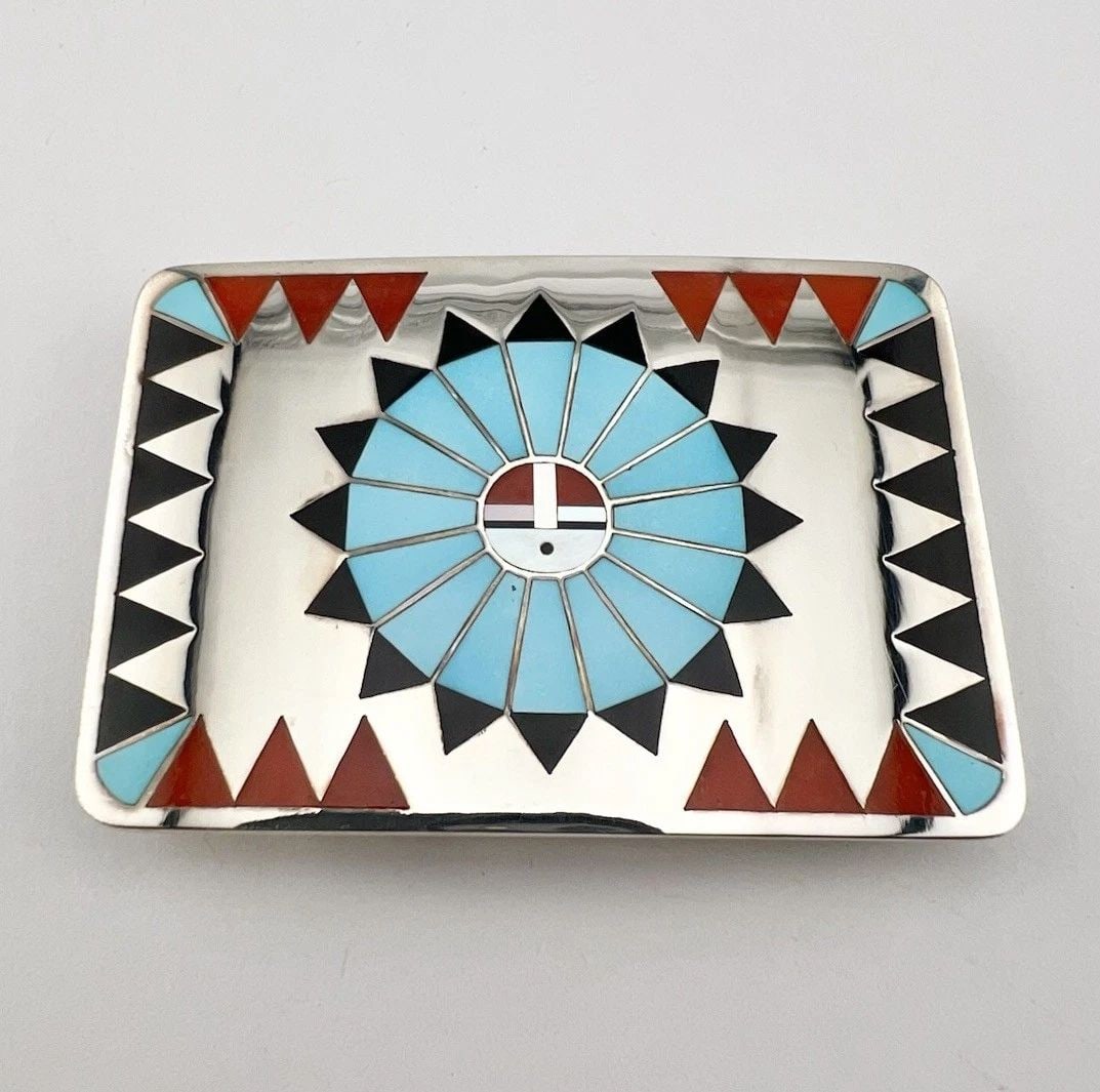 VTG FRED & LOLITA NATACHU ZUNI STERLING SILVER FLUSH GEM SUNFACE BELT BUCKLE 3" (1 of 2)