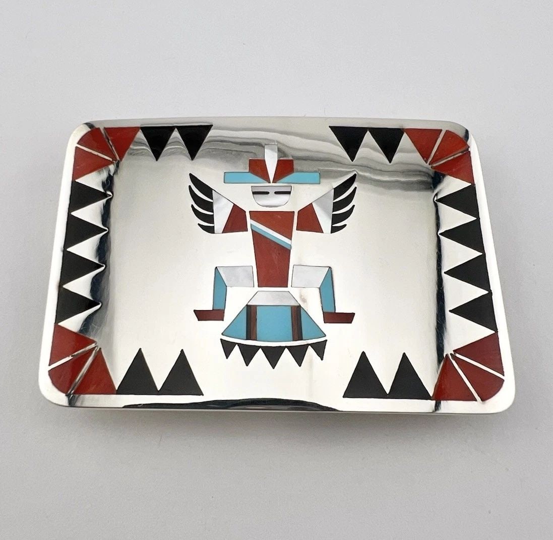 VTG FRED & LOLITA NATACHU ZUNI STERLING SILVER FLUSH GEM KNIFEWING BELT BUCKLE 3: VTG FRED & LOLITA NATACHU ZUNI STERLING SILVER FLUSH GEM KNIFEWING BELT BUCKLE 3 Vtg Fred & Lolita Natachu Zuni Sterling Silver Flush Gem Knifewing Belt Buckle 3" Size: 3" Wide By Over 2" Tall Weight 