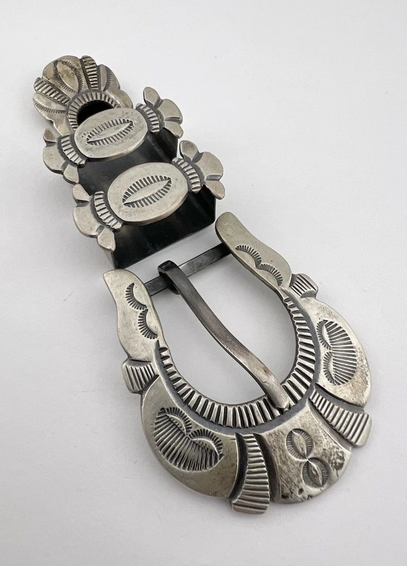 HARRY MORGAN NAVAJO STERLING SILVER STAMPED OVERLAY 4 PIECE RANGER BELT BUCKLE (1 of 2)