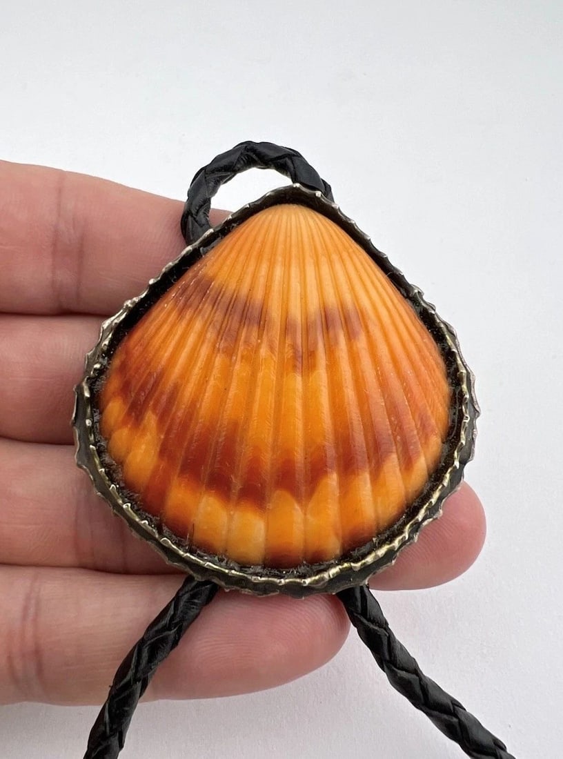 VTG NAVAJO STERLING SILVER NATURAL ORANGE SPINY OYSTER SHELL BOLO TIE 2" -53.3G: VTG NAVAJO STERLING SILVER NATURAL ORANGE SPINY OYSTER SHELL BOLO TIE 2" -53.3G Unusual Vtg Navajo Sterling Silver Natural Orange Spiny Oyster Shell Bolo Tie 2" -53.3g Size: 2" Tall by 2" Wide Weight 