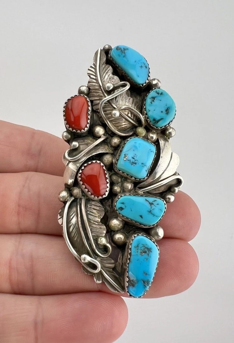 HUGE 2.75" VTG NAVAJO STERLING SILVER SLEEPING BEAUTY TURQUOISE CORAL RING 32.9G: HUGE 2.75" VTG NAVAJO STERLING SILVER SLEEPING BEAUTY TURQUOISE CORAL RING 32.9G HUGE 2.75" Vtg Navajo Sterling Silver Sleeping Beauty Turquoise Coral Ring 32.9g Ring Size: 8.75 - Can Be Resized Weigh