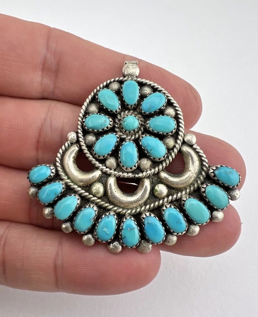 VTG FANNIE ONDELACY ZUNI STERLING SILVER TURQUOISE CLUSTER PENDANT 2" (1 of 2)