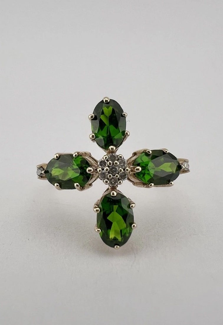 DESIGNER 10K YELLOW GOLD NATURAL CHROME GREEN DIOPSIDE CLUSTER FLORAL RING (1 of 2)
