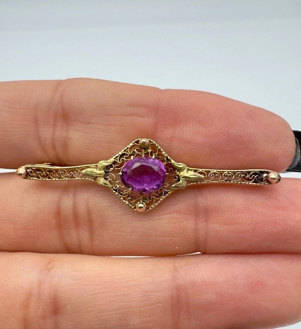 ANTIQUE ART DECO 10K YELLOW GOLD AMETHYST FILIGREE PIN BROOCH 1 7/8" (1 of 2)