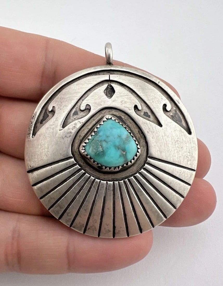VTG HOPI STERLING SILVER TURQUOISE & CORAL REVERSIBLE OVERLAY PENDANT 2.25": VTG HOPI STERLING SILVER TURQUOISE & CORAL REVERSIBLE OVERLAY PENDANT 2.25" Vtg Hopi Sterling Silver Turquoise & Coral Reversible Double Sided Overlay Pendant 2.25" Size: Slightly Over 2 1/4" Tall Wit