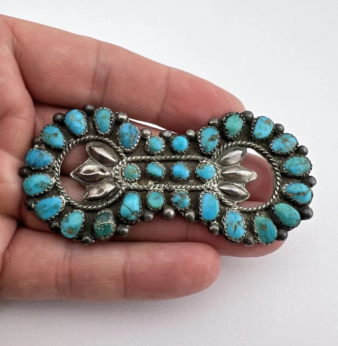 1940'S NAVAJO NATIVE AMERICAN NATURAL TURQUOISE CLUSTER SILVER PIN BROOCH 3.25" (1 of 2)