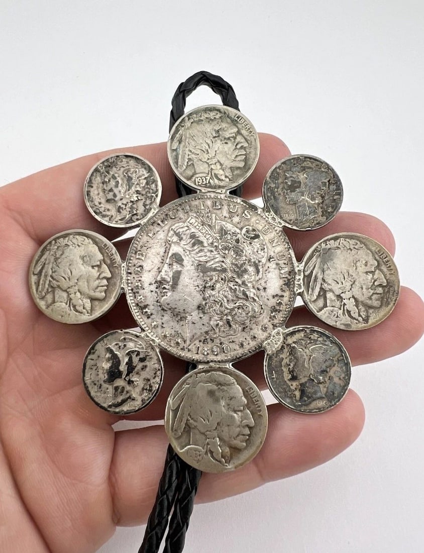 EARLY NAVAJO COIN SILVER 1890 MORGAN SILVER DOLLAR MERCURY DIMES BOLO TIE 3.25" (1 of 2)
