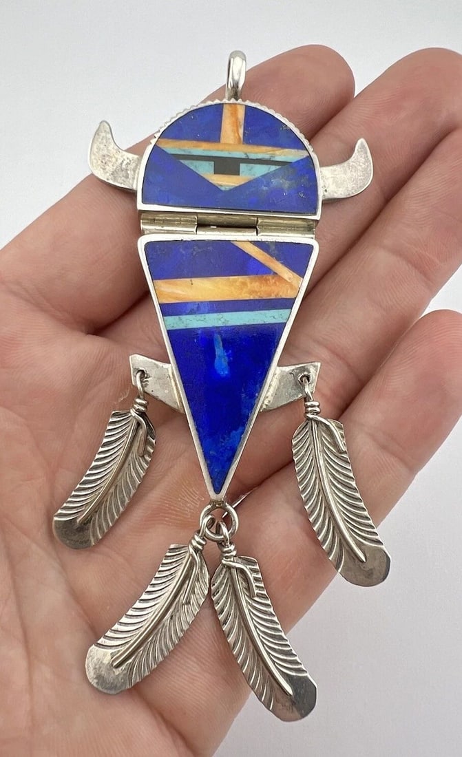 NAVAJO STERLING SILVER TURQUOISE SPINY OYSTER LAPIS HORN KACHINA PENDANT 4.25": NAVAJO STERLING SILVER TURQUOISE SPINY OYSTER LAPIS HORN KACHINA PENDANT 4.25" Vtg Navajo Sterling Silver Turquoise Spiny Oyster Lapis Horn Kachina Pendant 4.25" Pendant Size: 4 1/4" Tall With Bail by