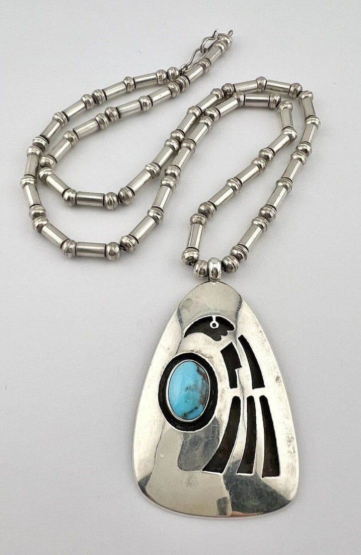HOPI TRIBAL STERLING SILVER BENCH BEAD BISBEE TURQUOISE EAGLE PENDANT & NECKLACE: HOPI TRIBAL STERLING SILVER BENCH BEAD BISBEE TURQUOISE EAGLE PENDANT & NECKLACE Vtg Hopi Tribal Sterling Silver Bench Bead Bisbee Turquoise Eagle Pendant & Necklace Necklace Size: 23 3/4" Long Tip To