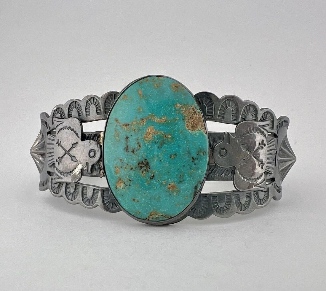 FRED HARVEY NAVAJO STERLING SILVER CERRILLOS TURQUOISE THUNDERBIRD CUFF BRACELET (1 of 2)