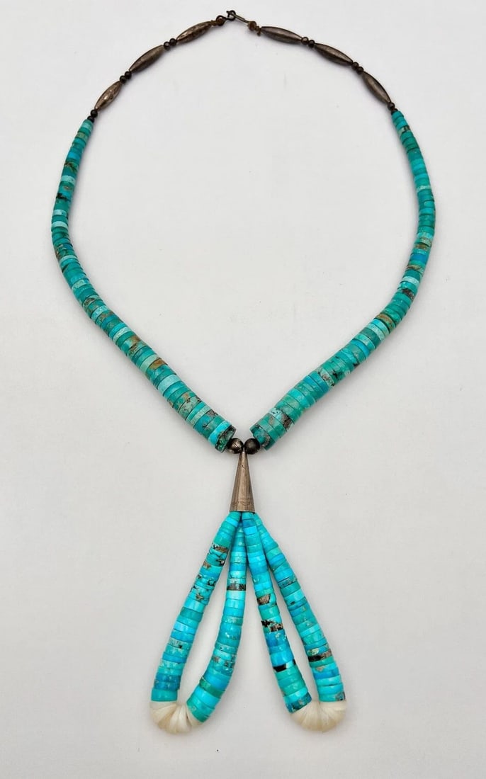 VTG SANTO DOMINGO PUEBLO ROLLED FOX TURQUOISE STERLING HEISHI JACLA PENDANT 21": VTG SANTO DOMINGO PUEBLO ROLLED FOX TURQUOISE STERLING HEISHI JACLA PENDANT 21" Vtg Santo Domingo Pueblo Rolled Fox Turquoise Sterling Heishi Jacla Pendant 21" Necklace Size: 21" Long - Jacla Pendant 