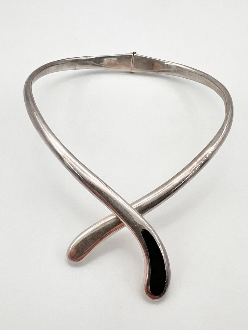 VTG MODERNIST MEXICO STERLING SILVER ONYX HINGED COLLAR BIB NECKLACE 119G SIGNED (1 of 2)