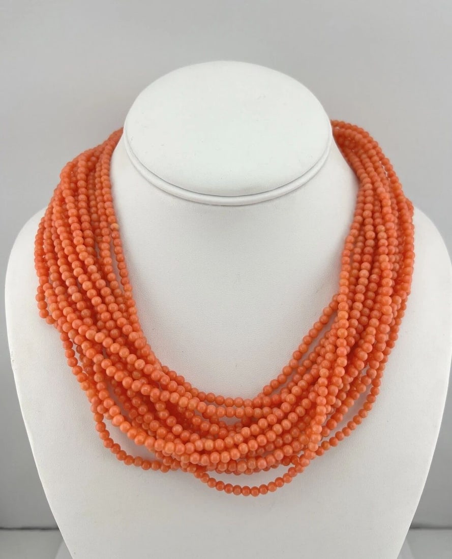 VINTAGE STERLING SILVER SALMON CORAL 3.5MM BEAD 16 STRAND NECKLACE 19" 143.2G: VINTAGE STERLING SILVER SALMON CORAL 3.5MM BEAD 16 STRAND NECKLACE 19" 143.2G Vintage Sterling Silver Salmon Coral 3.5mm Bead 16 Strand Necklace 19" 143.2g Size: 19" Long Tp to Tip Metal: Sterling Sil