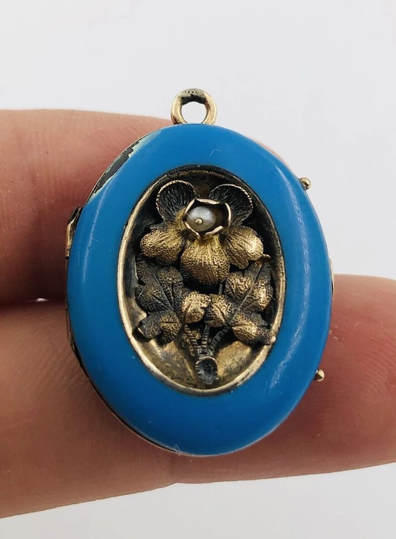 ANTIQUE VICTORIAN 14K GOLD & SEED PEARLS ROBIN’S EGG BLUE ENAMEL LOCKET PENDANT: ANTIQUE VICTORIAN 14K GOLD & SEED PEARLS ROBIN’S EGG BLUE ENAMEL LOCKET PENDANT Antique Victorian 14K Gold & Seed Pearls Robin’s Egg Blue Enamel Locket Pendant Size: 1.75" Tall With Bail by Almost