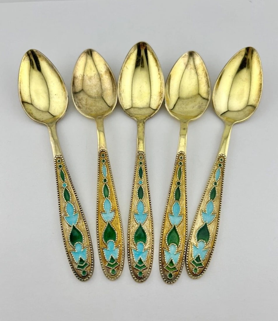 (5) VINTAGE RUSSIAN SOVIET 875 GILT SILVER GREEN & TURQUOISE ENAMEL SPOONS 78.5G (1 of 2)