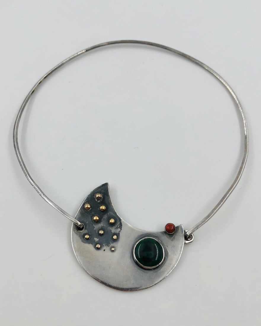 MODERNIST ABSTRACT PAM KINETIC STERLING SILVER 14K GOLD CORAL MALACHITE NECKLACE (1 of 2)