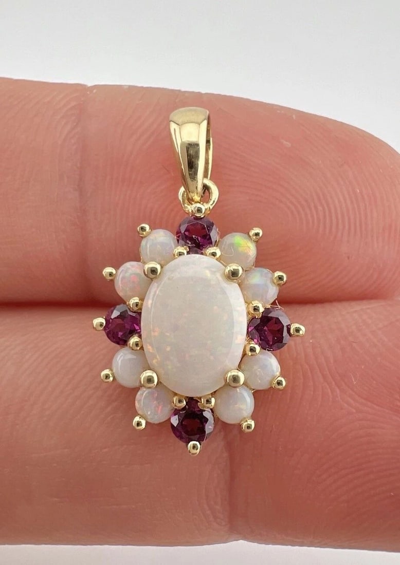 DESIGNER 14K YELLOW GOLD AUSTRALIAN FIRE BOULDER OPAL & RUBY DANGLE HALO PENDANT (1 of 2)