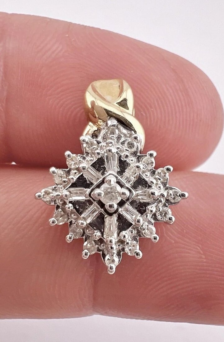 DESIGNER 10K YELLOW & WHITE GOLD ROUND & BAGUETTE DIAMOND HALO DANGLE PENDANT: DESIGNER 10K YELLOW & WHITE GOLD ROUND & BAGUETTE DIAMOND HALO DANGLE PENDANT Designer 10K Yellow & White Gold Round & Baguette Diamond Halo Dangle Pendant Size: 3/4" Tall With Bail By 5/8" Wide Metal