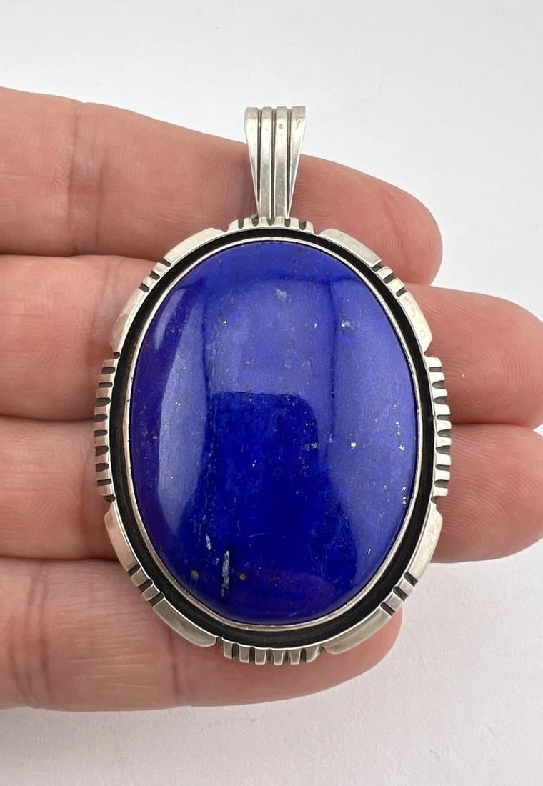 VTG WILL DENETDALE NAVAJO STERLING SILVER BLUE LAPIS LAZULI OVAL PENDANT 2.5" (1 of 2)