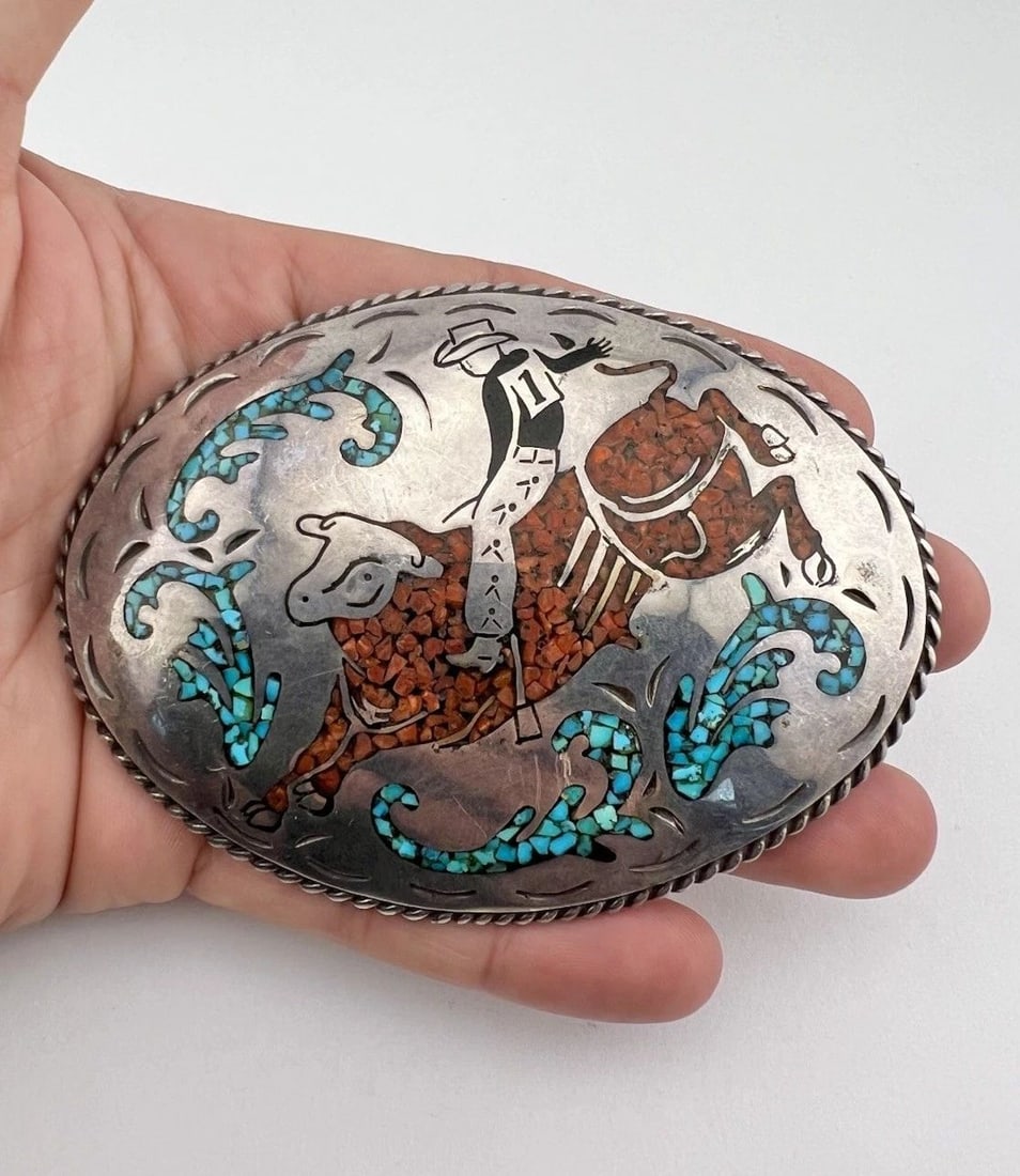 4" NAVAJO STERLING SILVER CHIP INLAY TURQUOISE CORAL COWBOY RODEO BELT BUCKLE (1 of 2)