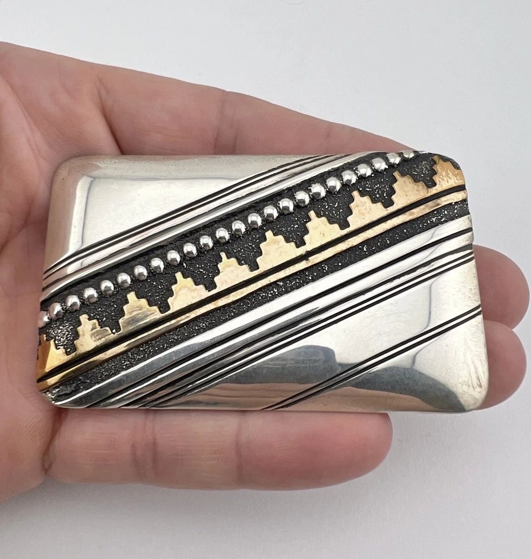 TOMMY THOMAS SINGER NAVAJO STERLING SILVER & GOLD FILLED OVERLAY BELT BUCKLE 3" (1 of 2)