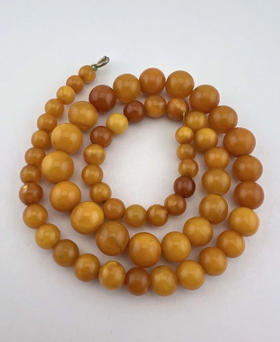 ANTIQUE BUTTERSCOTCH EGG YOLK BALTIC AMBER SWIRL ROUND BEAD NECKLACE 20"-24.3G (1 of 2)