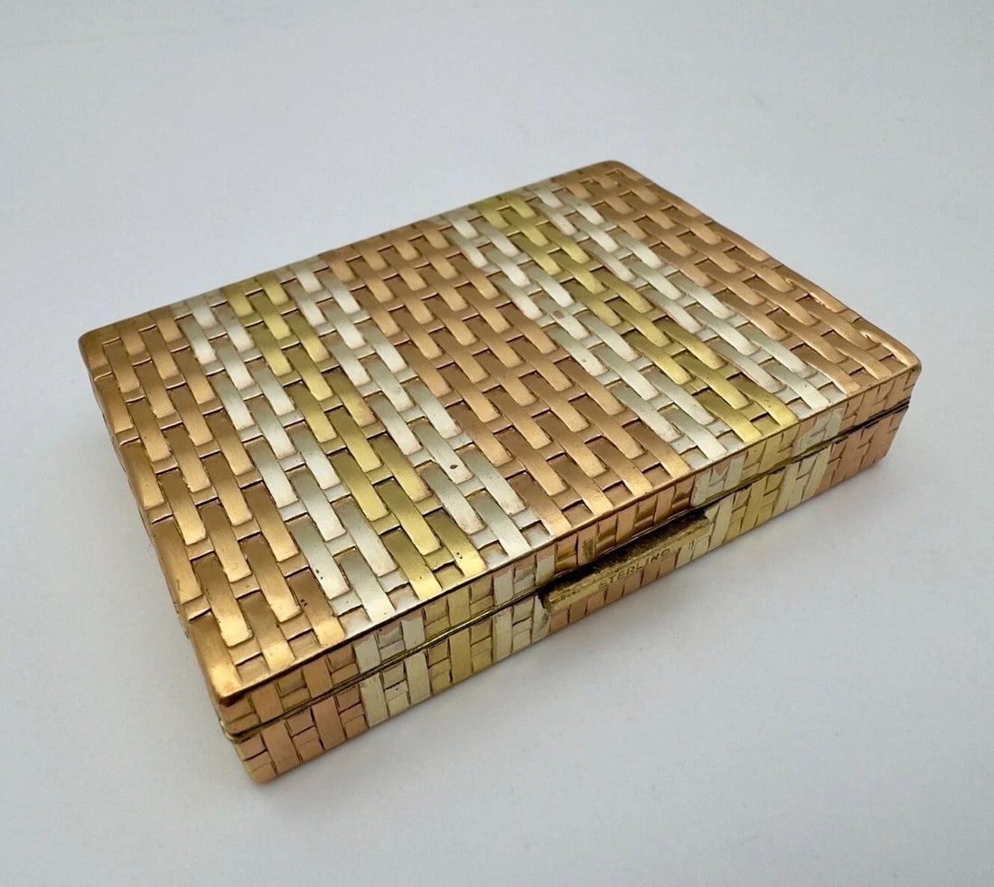 VINTAGE TRI COLOR STERLING SILVER WOVEN POWDER COMPACT CASE 99.6G (1 of 2)
