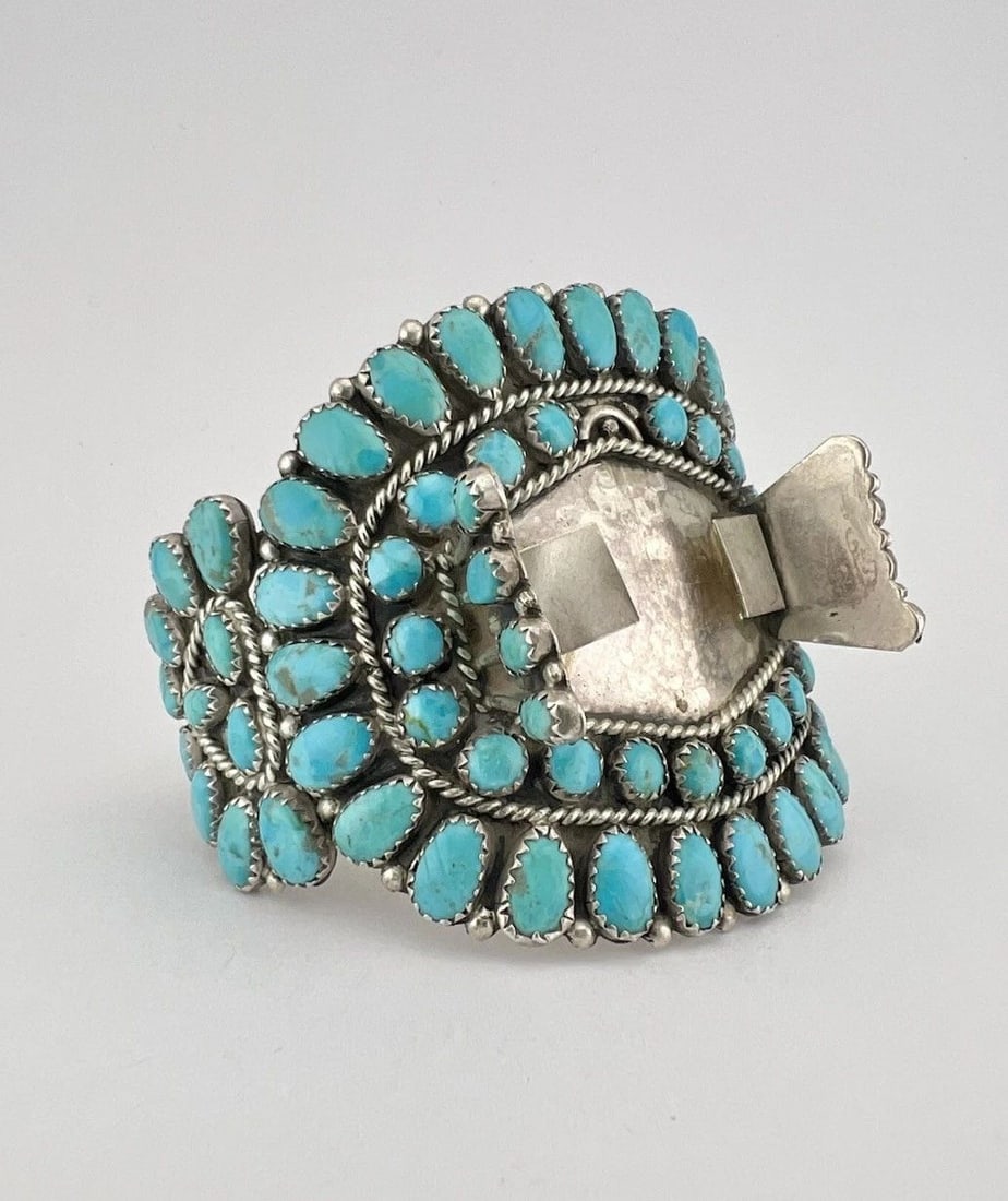 LARRY MOSES BEGAY NAVAJO STERLING SILVER TURQUOISE CLUSTER WATCH CUFF BRACELET: LARRY MOSES BEGAY NAVAJO STERLING SILVER TURQUOISE CLUSTER WATCH CUFF BRACELET Vintage HUGE LARRY MOSES BEGAY Navajo Sterling Silver Turquoise Cluster Watch Cuff Bracelet Cuff is Around 5 3/8" tip to 