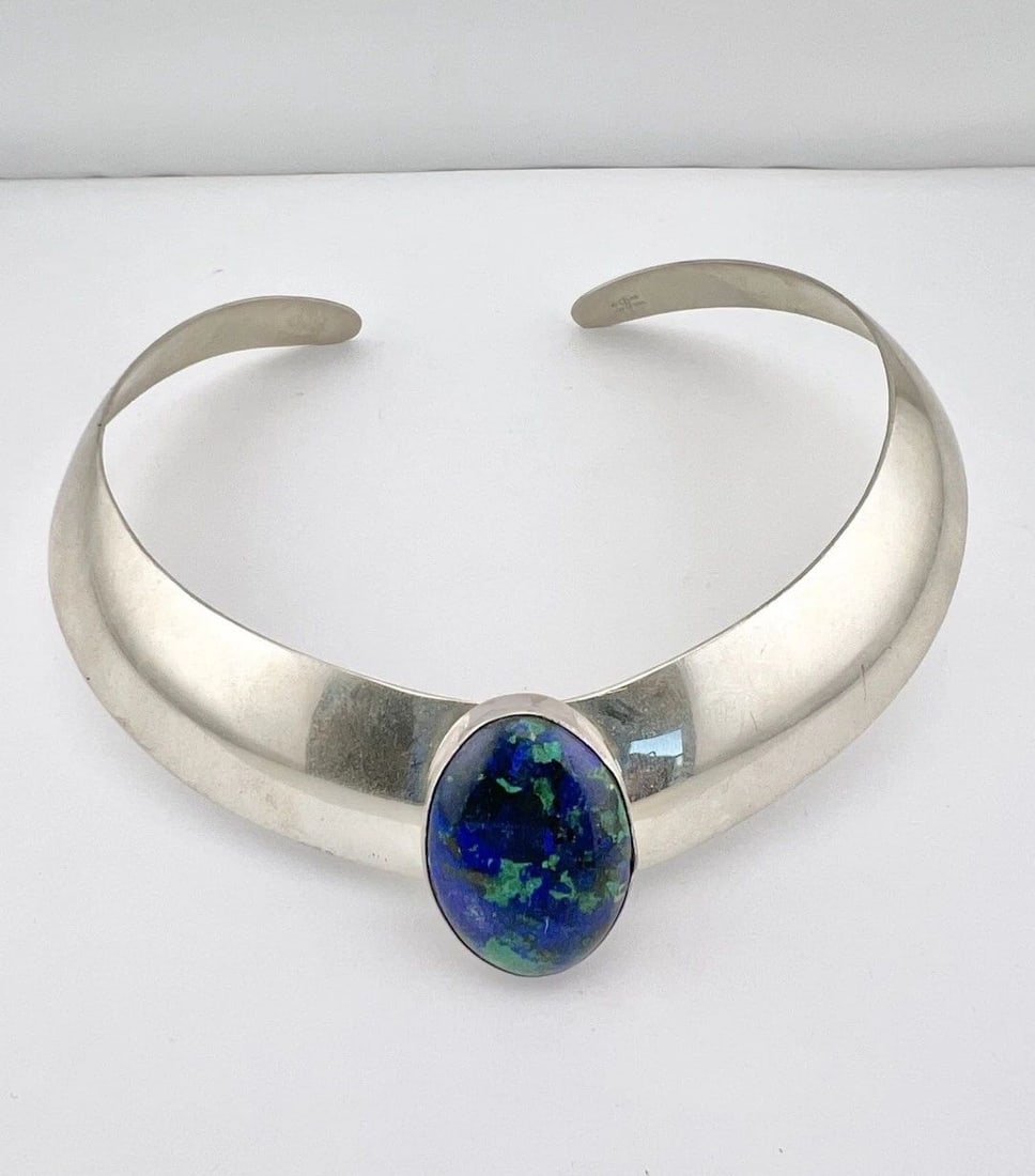 CAROL FELLEY NAVAJO STERLING SILVER NATURAL AZURITE COLLAR BIB CHOKER NECKLACE (1 of 2)