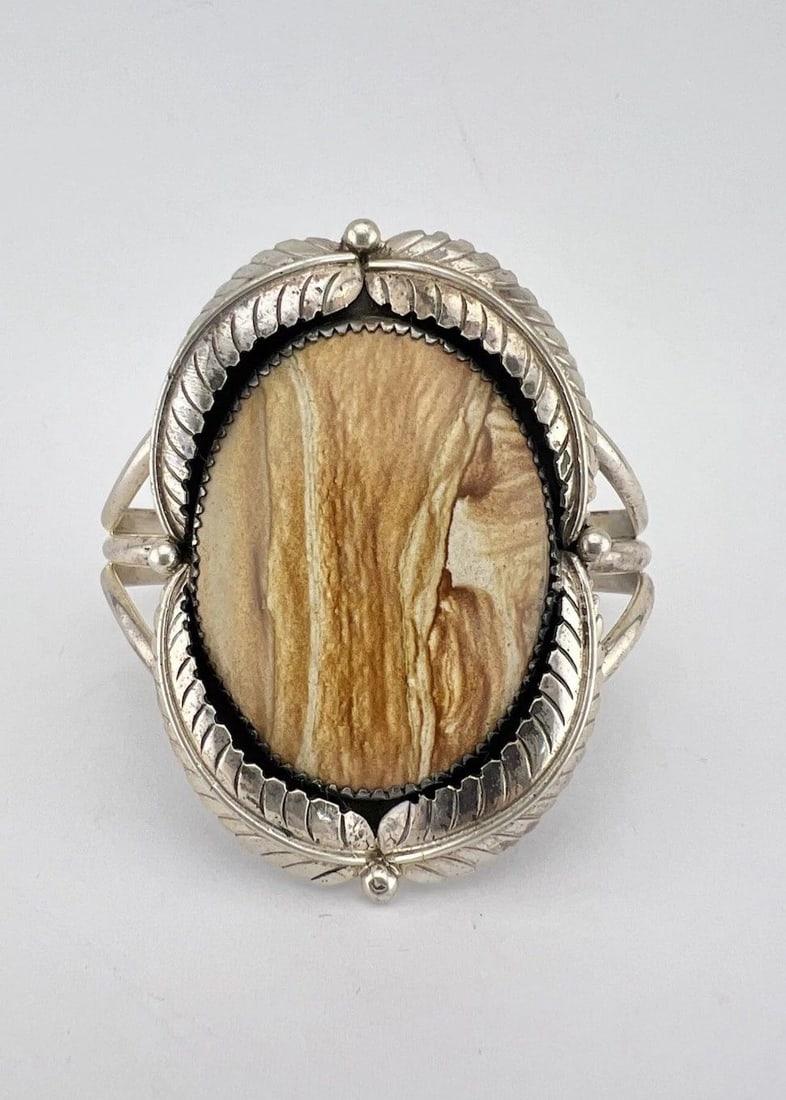 VINTAGE NAVAJO STERLING SILVER PICTURE JASPER STAMPED WIDE CUFF BRACELET #2: VINTAGE NAVAJO STERLING SILVER PICTURE JASPER STAMPED WIDE CUFF BRACELET #2 Vintage Navajo Sterling Silver Picture Jasper Stamped WIDE Cuff Bracelet Cuff is 5 1/8" tip to Tip and has a 1 1/8" Wide Adj