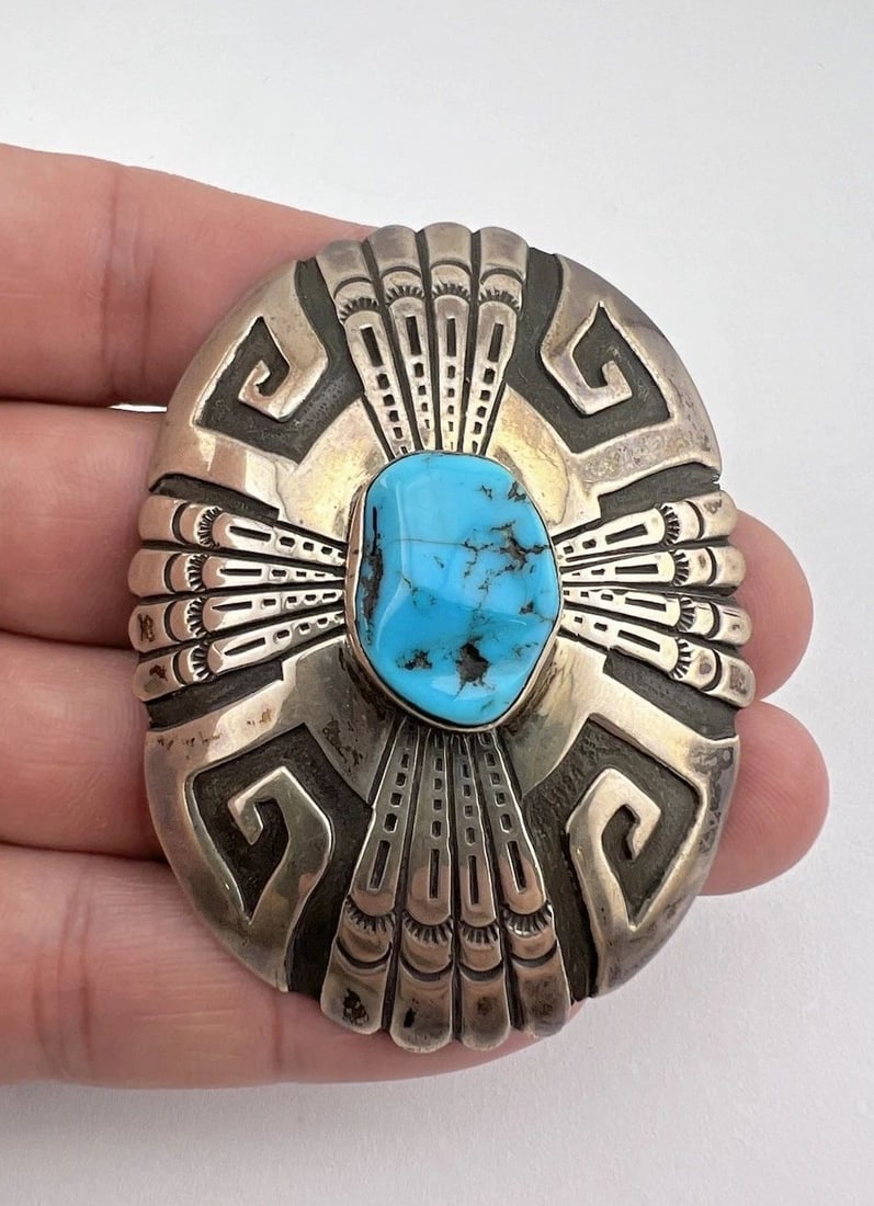 VTG THOMAS SINGER NAVAJO STERLING SILVER SLEEPING BEAUTY TURQUOISE BOLO TIE 2.5" (1 of 2)