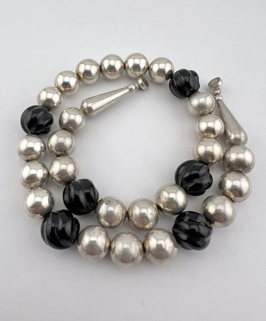 VTG TAXCO MEXICO STERLING SILVER CARVED ONYX BALL LINK NECKLACE 15.75" - 52.3G (1 of 2)