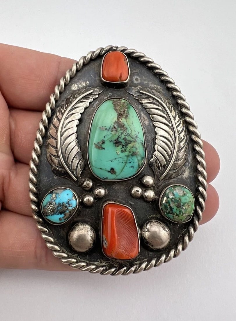 VTG NAVAJO STERLING SILVER KINGMAN TURQUOISE & CORAL OVERLAY TEARDROP PENDANT 3": VTG NAVAJO STERLING SILVER KINGMAN TURQUOISE & CORAL OVERLAY TEARDROP PENDANT 3" Vtg Navajo Sterling Silver Kingman Turquoise & Coral Overlay Teardrop Pendant 3" Size: 3" Tall & 2 3/8" Wide Weight is 