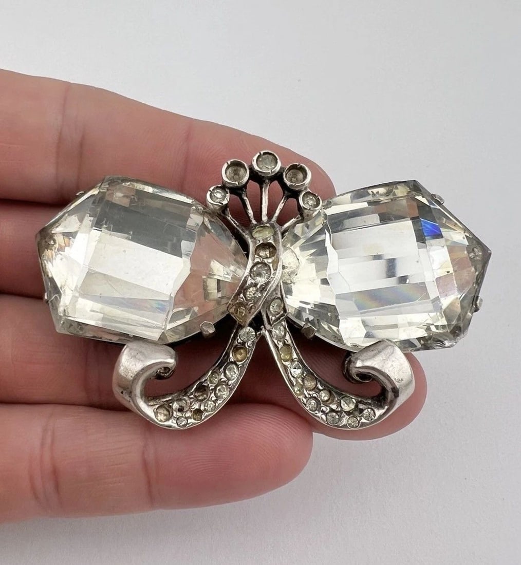 ANTIQUE EISENBERG ORIGINAL STERLING SILVER RHINESTONE BOW PIN BROOCH 56.5G (1 of 2)