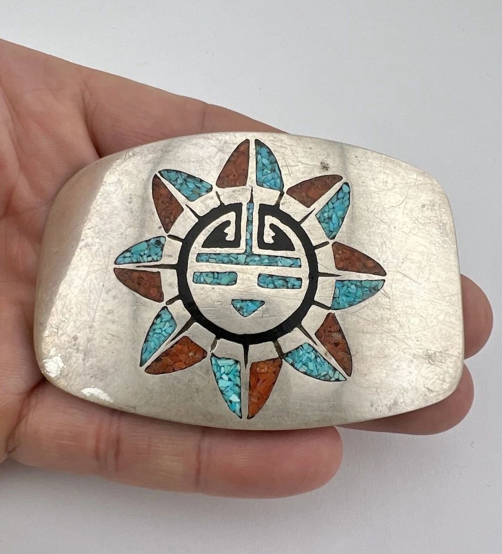 VTG NAVAJO STERLING SILVER TURQUOISE CORAL CHIP INLAY SUNFACE BELT BUCKLE 72.3G (1 of 2)