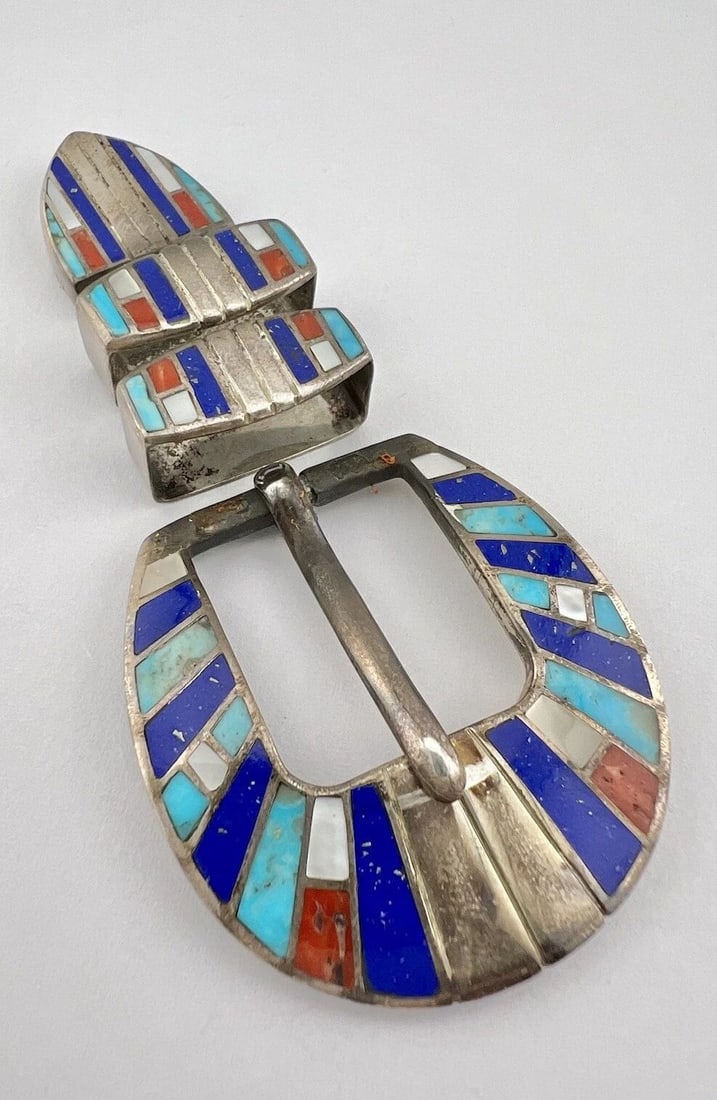 VTG ZUNI STERLING SILVER TURQUOISE CORAL LAPIS MOP RANGER 4 PIECE BELT BUCKLE: VTG ZUNI STERLING SILVER TURQUOISE CORAL LAPIS MOP RANGER 4 PIECE BELT BUCKLE Vtg Zuni Sterling Silver Turquoise Coral Lapis MOP Ranger 4 Piece Belt Buckle Buckle Size: 1 1/2" Tall By 1 5/8" Wide Slid
