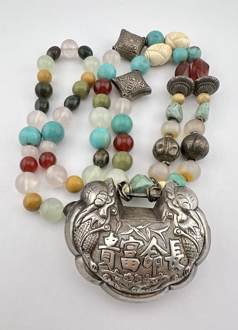 ANTIQUE OLD CHINESE SILVER LONGEVITY WEDDING LOCK MULTI GEMSTONE NECKLACE 185.3G (1 of 2)