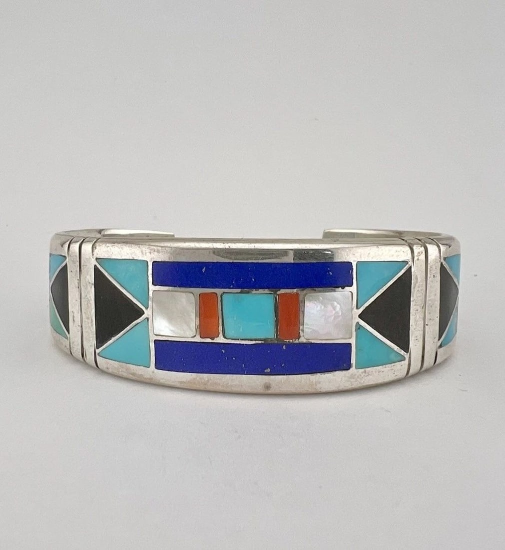 VINTAGE NAVAJO STERLING SILVER MULTI GEMSTONE FLUSH INLAY CUFF BRACELET 44.9G (1 of 2)