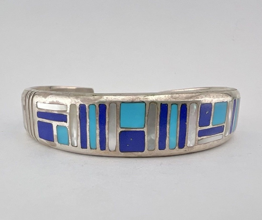 VINTAGE NAVAJO STERLING SILVER TURQUOISE & MOP & LAPIS FLUSH CUFF BRACELET 37.2G (1 of 2)