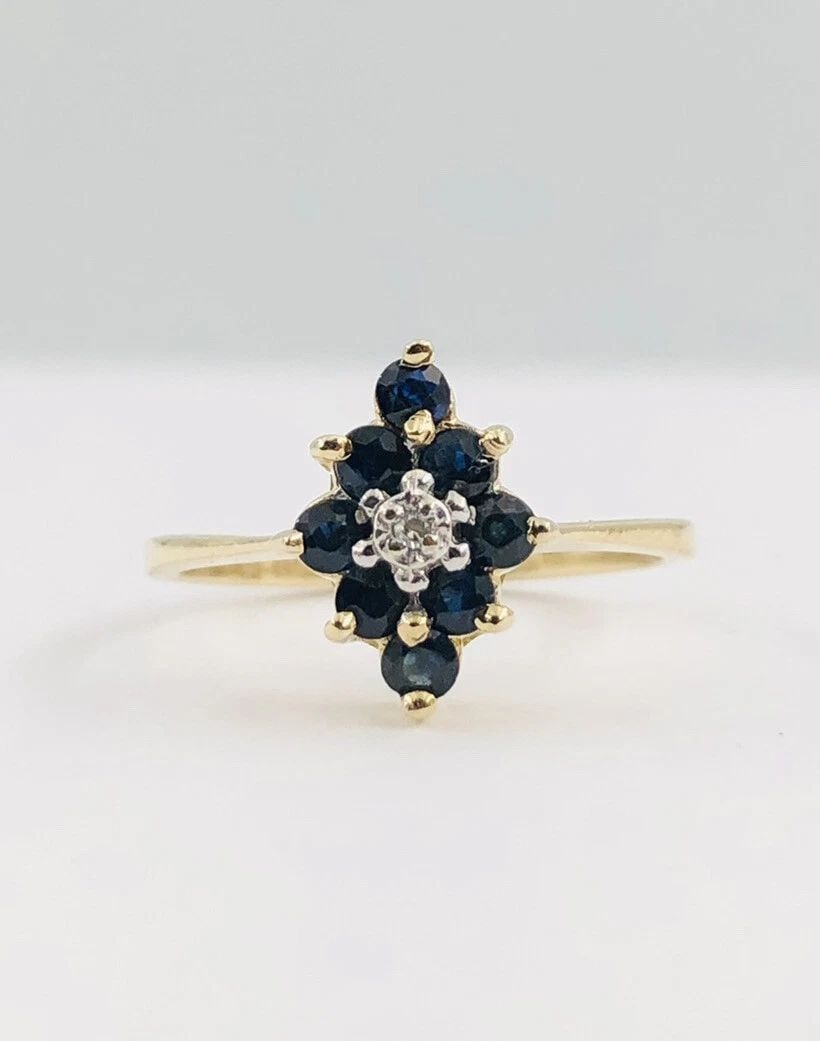 DESIGNER 14K YELLOW GOLD NATURAL BLUE SAPPHIRE & DIAMOND ACCENT CLUSTER RING (1 of 2)
