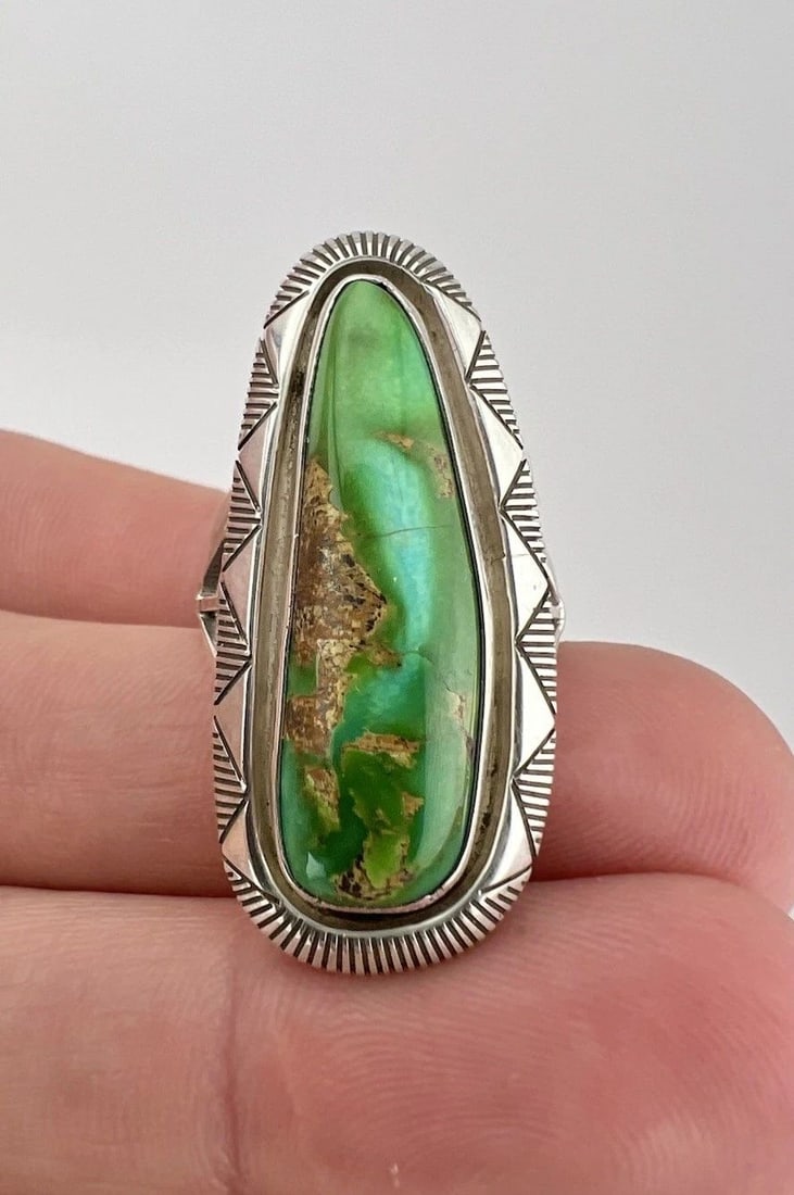 VTG W. JOHNSON NAVAJO STERLING SILVER HIGH GRADE ROYSTON TURQUOISE STAMPED RING (1 of 2)
