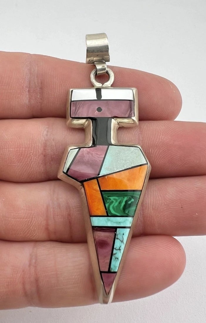 VTG FRANK YELLOWHORSE NAVAJO STERLING SILVER MULTI GEM YEI KACHINA PENDANT 3": VTG FRANK YELLOWHORSE NAVAJO STERLING SILVER MULTI GEM YEI KACHINA PENDANT 3" Vtg Frank Yellowhorse NAVAJO Sterling Silver Multi Gem Yei Kachina Pendant 3" Size: 3" Tall With Bail & 1" Wide Weight is 