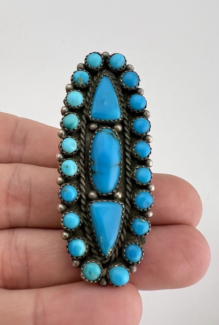 HUGE 2 3/8" VTG NAVAJO STERLING SILVER PETIT POINT TURQUOISE CLUSTER WOMENS RING (1 of 2)