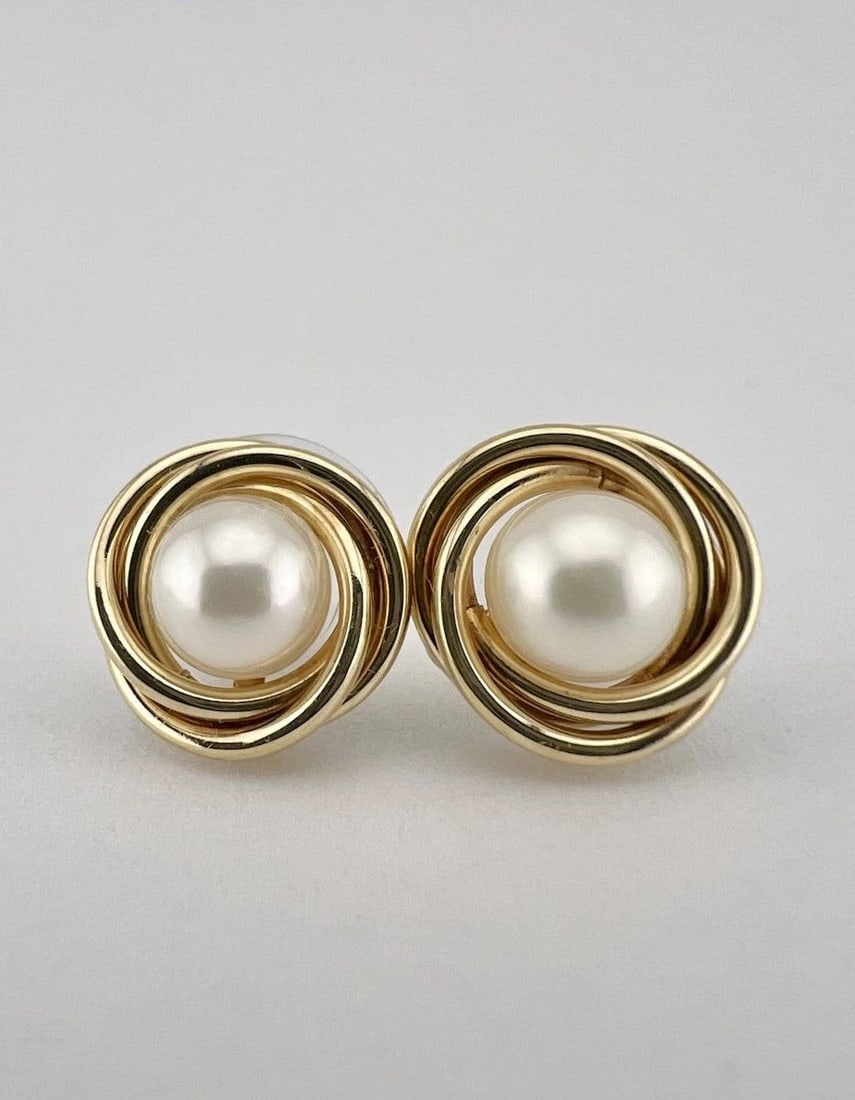 VINTAGE 14K YELLOW GOLD 6MM WHITE PEARL TWIST POST DANGLE EARRINGS (1 of 2)