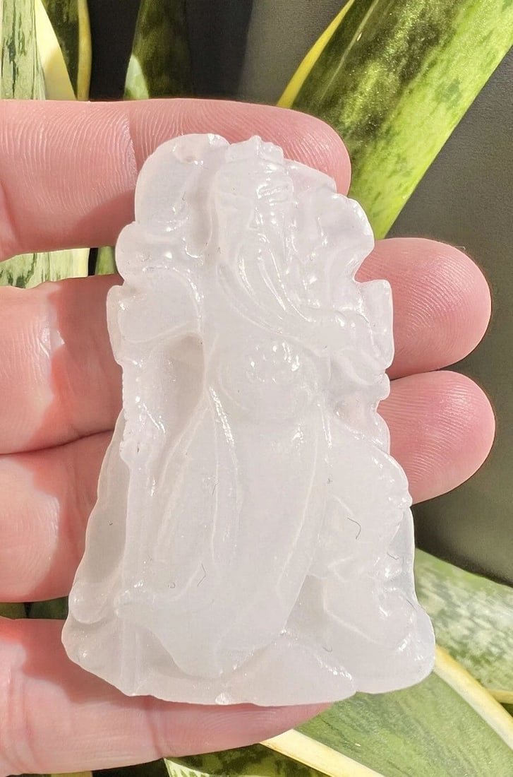 ANTIQUE CHINESE CARVED WEALTH GOD MUTTON FAT WHITE CELADON HETIAN JADE PENDANT (1 of 2)